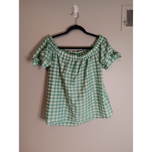 Moa Moa Checkered Print Off Shoulder Blouse Top Green Sz Large - Picture 1 of 5